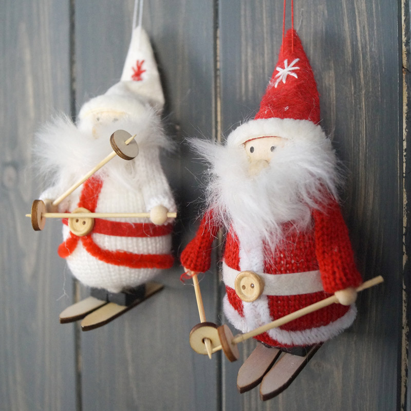 Set of Two Fabric Santas on Skis detail page